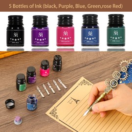 MPRINCE Quill Pen and Ink Set,Feather Pen Ink Set Includes Quill Pen,Wooden Pen,5 Replaceable Nibs,5 of Ink, Seal,Wax Beads,Envelope and Letter Paper Etc-Blue