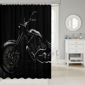 Homewish Black Cool Motorcycle Shower Curtain for Home Bathroom Dark Background Bathroom Decor Hooks Waterproof, 72Wx78L inch