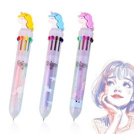 Multicoloured Pens, Pack of 3 10-in-1 Unicorn Ballpoint Pens, Retractable 10 Colours, Multicoloured Pens, Pressure Pen, Multifunctional Marker, Cute Multicoloured Colour Changing Pens for Students,