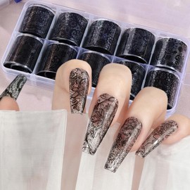 DANNEASY 10 Rolls Black Lace Nail Art Foil Transfer Sheets, Lace Nail Foil Decals Starry Sky Nail Foils Holographic Transfer Foils Stickers for Women Girls Manicure Tips Supplies