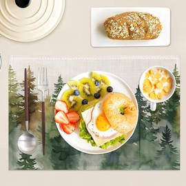 Set of 6 Washable Misty Forest Landscape Placemats Non-Slip Heat-Resistant 12x18 Inch Thick Decorative Linen Table Mats for Dining Table Home Décor