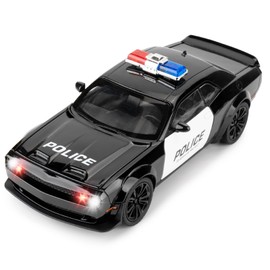 BGHSCA Compatible for Dodge Challenger SRT Hellcat Police Car Model, 1:22 Zinc Alloy Toy Car with Sound and Light, Pull Back Police Vehicle Toy with Racing Stripes for Adult Kids