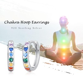 KINGWHYTE Chakra Hoop Earrings 925 Sterling Silver Small Huggie Earrings Chakra Healing Yoga Gift for Women, Sterling Silver, Cubic Zirconia