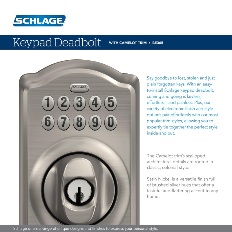 Schlage BE365 CAM 505 Camelot Keypad Deadbolt, Electronic Keyless Entry