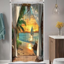 Riyidecor Small Stall Beach Shower Curtain 36Wx72H Inch Seaside Ocean Rv Sea Hawaiian Sunset Tropical Palm Tree Scenery Narrow Barn Door Rustic Bathroom Decor Fabric Polyester Waterproof 7 Pack Hooks