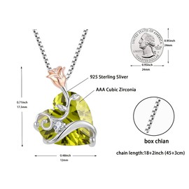 Oskani Rose Flower Birthstone Heart Necklaces for Women, 925 Sterling Silver 5A Cubic Zirconia August Birthstone Pendant Peridot Color Jewelry, Anniversary Birthday Gifts for Wife Mom Her