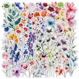 50-Pack Transparent Waterproof Watercolor Wildflower Flower Scrapbook Stickers – Vibrant Nature Floral Decals for Card, Journals, Resin Art Project
