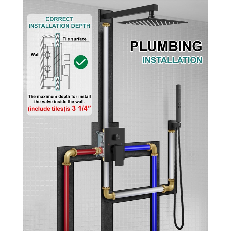 GBBNE Shower Faucet Set 8-Inch Rain Shower System Matte Black