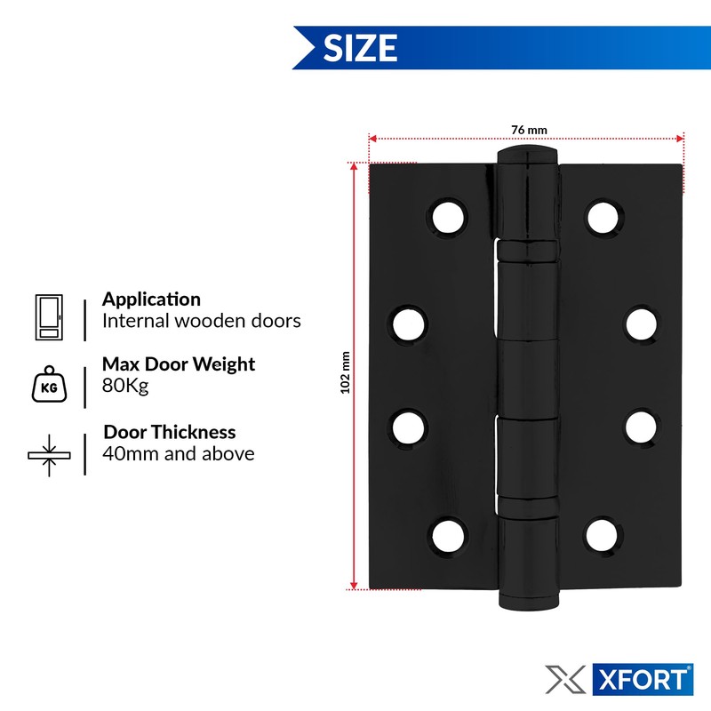 XFORT 4 Inch (100mm) Matt Black Ball Bearing Hinges, Steel
