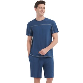 NACHILA Men's Pajamas-Viscose Made from Bamboo, Short Sleeve Sleepwear and Pajama Shorts Sets Cool Pjs Dark Blue Small