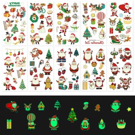 10 Sheets Glowing Christmas Temporary Tattoos, Luminous Stickers Glow In The Dark Decorations Goodie Bag Fillers for Kids Birthday Holiday Xmas Party Supplies