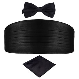 DonDon Men's triple pack with colour coordinated cummerbund bow tie breast pocket handkerchief perfect for special occassions - Black