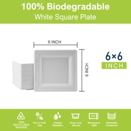 CVIUYO 6 inch 50 Pack Disposable Paper Plates, 100% Biodegradable Heavy Duty Square Paper Plates, Eco-Friendly Compostable Sugarcane Dinner Plates for Picnic Wedding Party BBQ Christmas