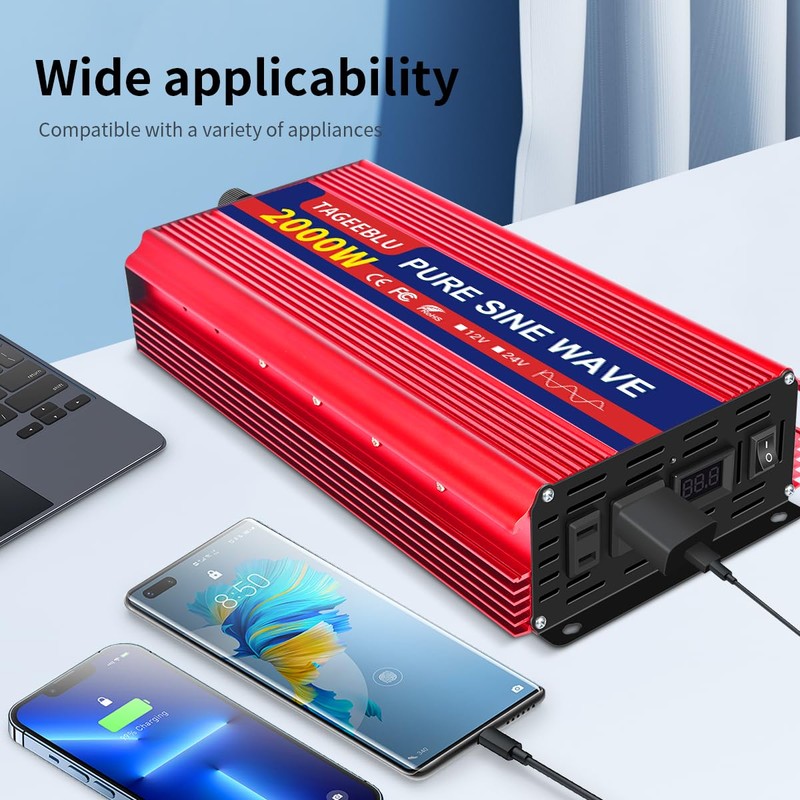 TAGEEBLU 2000 W（4000 Peak） Pure Sine Wave Power Inverter 12V