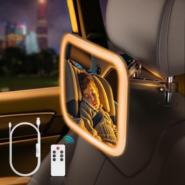 MoKo Baby Car Mirror with Light, Shatterproof Car Seat Mirror for Baby Rear Facing with Remote, 360°Rotation Rechargeable Carseat Mirrors Rear Facing, Anti-Shaked Hook Clip Design,Clear Vison