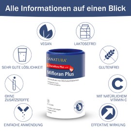 Sanatura Mifloran Plus (vorher: Darmflora Plus) – 200 g – Milchsäurebakterien mit 12 Mrd KBE pro Tagesdosis – kombiniert mit Vitamin C aus Acerola und Oligofructose – vegan und laktosefrei