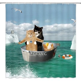 AMHNF Funny Cat Shower Curtain Cute Black Orange Kitten Couple Cosplay as Titanic on Teal Ocean Creative Animal for Pet Lover Bathroom Decor Fabric Curtain,70X70 Inch with Hooks