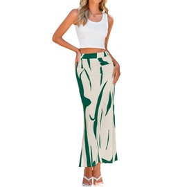PRETTYGARDEN Women's 2025 Stretch Graphic Print Fishtail Long Skirts for Women Spring Trendy Ruched Waist Maxi Skirt (Dark Green on Beige, Large)
