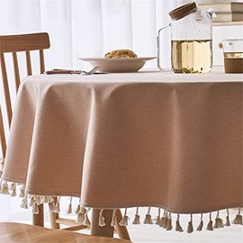 Linen Textured Round Tablecloth with Tassel - Waterproof Spill Proof Table Cover for Kitchen Dining Tabletop Decoration, Beige, Round - 48 inch