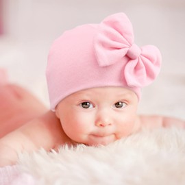 DRESHOW Newborn Baby Hat Mittens Hospital Hat Beanie Infant Hats with Bow Baby Gloves for 0-6 Months