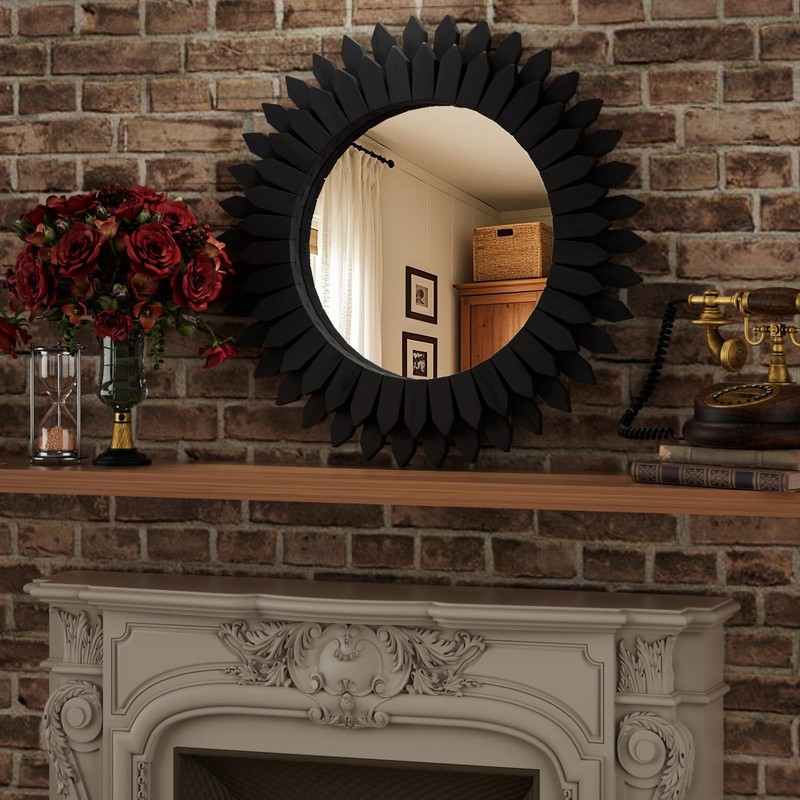 VETROVUE 24 Inch Black Boho Wall Decor Sunburst Mirror -