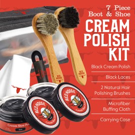 RED MOOSE 7pc Black Leather Shoe and Boot Polish Kit – Brushes, Cloth, Case, Laces