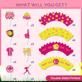 48Pcs Softball Cupcake Toppers and Wrappers Softball Party Supplies Softball Cupcake Decorations for Girls Kids Teens Sport Theme Birthday Cupcake Picks for Softball Holiday Birthday Party Favor Decor