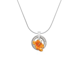 Delight Jewelry Silvertone Hot Orange Hibiscus Flower - Silvertone Happy Hanukkah Message Ring Necklace, 18"