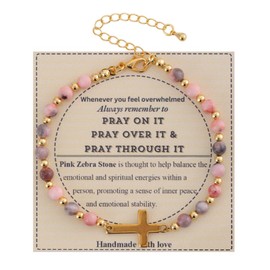 KSQS Religious Cross Bracelet for Women, 18K Gold Plated Sideways Healing Natural Stone Bead Chain Faith Jewelry, Religious & Christian Confirmation Baptism and Easter Encouragement Gifts(#4)