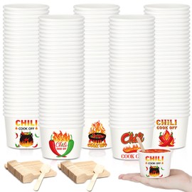 RimCereal 400 Pcs Chili Cook off Party Decorations Include 200 Disposable Sample Tasting Paper Cups and 200 Wooden Spoons for Chili Cook off Party Supplies(8 oz)