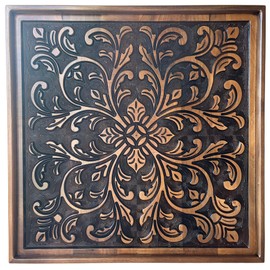 Ottoman Tray 24x24 inches Square Engraved Ottoman Tray for Living Room Non-Slip Protective Tray Mat Bottom Handles Decorative Ottoman Serving Tray Brown & Black