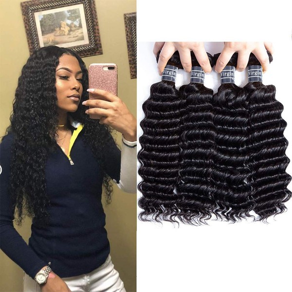 Amella Hair 8A Brazilian Virgin Deep Wave Human Hair Extensions Pack of 4 (16 18 20 22inch)100% Unprocessed Deep Wave Weave Natural Color