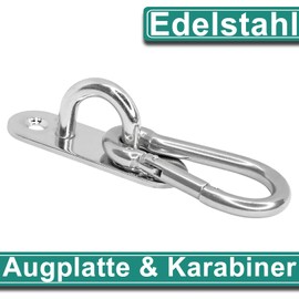 PRIOstahl Eye Plate Eye Plate Carabiner Hook – 1 x Cover Plate 80 x 25 mm + 1 x Carabiner 8 x 80 mm Wall Hook Ceiling Hook for Hanging Mounting for Sun Sail Punch Bag Hay Net Rustproof Stainless Steel