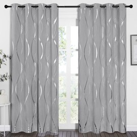 NICETOWN Silver Grey Blackout Pattern Curtains for Bedroom, 52 x 84 Inch Noise Reducing Thermal Insulated Wave Line Foil Print Design Room Darkening Window for Patio Sliding Glass Door(2 Panels)
