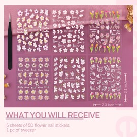 6 Sheets 5D Flower Nail Stickers for Nail Art, 3D Embossed Hollow Butterfly Pegatinas Uñas Nail Accessories Self Adhesive Colorful Floral Lace Nail Art Decals Supplies for Women Spring Summer
