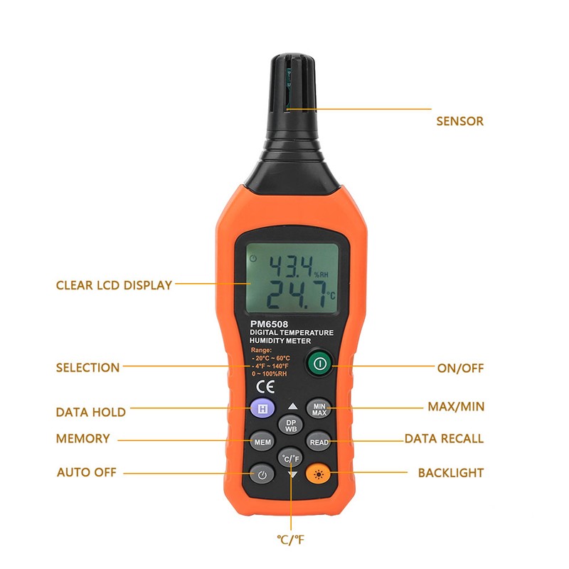 PEAKMETER PM6508 Digital Humidity and Temperature Meter Hygrometer Thermometer