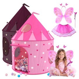 Playz 5-Piece Princess Castle Girls Pop Up Play Tent & Dress Up Costume Bundle - Playhouse Gift for Girls & Toddler for Indoor & Outdoor Use with Pink Fairy Tale Carrying Bag & Glow in The Dark Stars