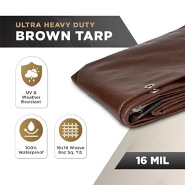 ATERET 6' x 20' Super Heavy Duty 16 Mil Brown Poly Tarp Cover - UV Resistant, Thick Waterproof, Rip and Tear Proof Tarpaulin with Grommets and Reinforced Edges