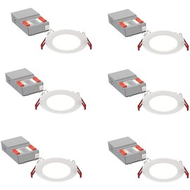 Juno LED Recessed Lights 4 Inch Round Baffle Wafer Downlight, 5-in-1 Switchable White Color Temperature, Adjustable Brightness, 120 Volts, 4-Inch Flat Trim, 6 Pack, Matte White