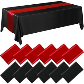 Tudomro 12 Pcs Black and Red Disposable Plastic Tablecloths and Satin Table Runner Set, 54 x 108 Inch Tablecloth, 12 x 108 Inch Table Runners for Wedding Baby Shower Birthday Party