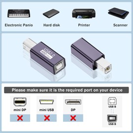 QIANRENON USB B Male to Female Printer Connector MIDI Plug to Jack Electronic Musical Instrument Adapter 480Mbps 7W Charging,Al case, for Extend USB B/MIDI port Printer Scanner Electronic/Drum, 2pcs
