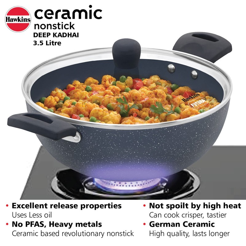 HAWKINS Ceramic Nonstick 3.5 Litre Deep Kadhai, Induction Deep Fry