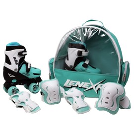 Lenexa Go GRO Adjustable Quad Roller Skate Bundle – Kids Roller Skates with Wrist Guards, Knee Pads, Elbow Pads, and Matching Backpack Black, Teal, Adjustable Large (3 to 6)