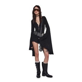 Dolls Kill Deep V Gauzy Romper by Current Mood – Women’s Boho V-Neck Romper with Flare Sleeves & Button Front - Black, Small