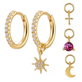 ZENGSING Hoop Earrings Women's Earrings Silver/Gold S925 Small Hoop Earrings with 4 Pieces Pendant Zirconia Small Hoop Earrings Hoop Earrings for Girls Children Women, S925 silver; copper; zirconia,