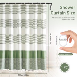 SNOMEL Boho Shower Curtain Set, Cloth Farmhouse Shower Curtain with Hooks, Sage Green Shower Curtain Waterproof, Fabric Shower Curtain for Bathroom 72 X 72 Inches