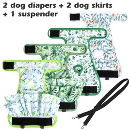 Washable Female Dog Diapers (4 Pack+1 Suspenders), Reusable Female Girl Doggy Doggie Puppy Wraps Panties Belly Band for Pet Heat Period Pooping Peeing Potty Training Incontinence Marking Leaf Medium