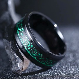 King Will 9mm Dragon Black Stainless Steel Green Carbon Fibre Black Celtic Dragon Inlay Wedding Ring For Men Women 11