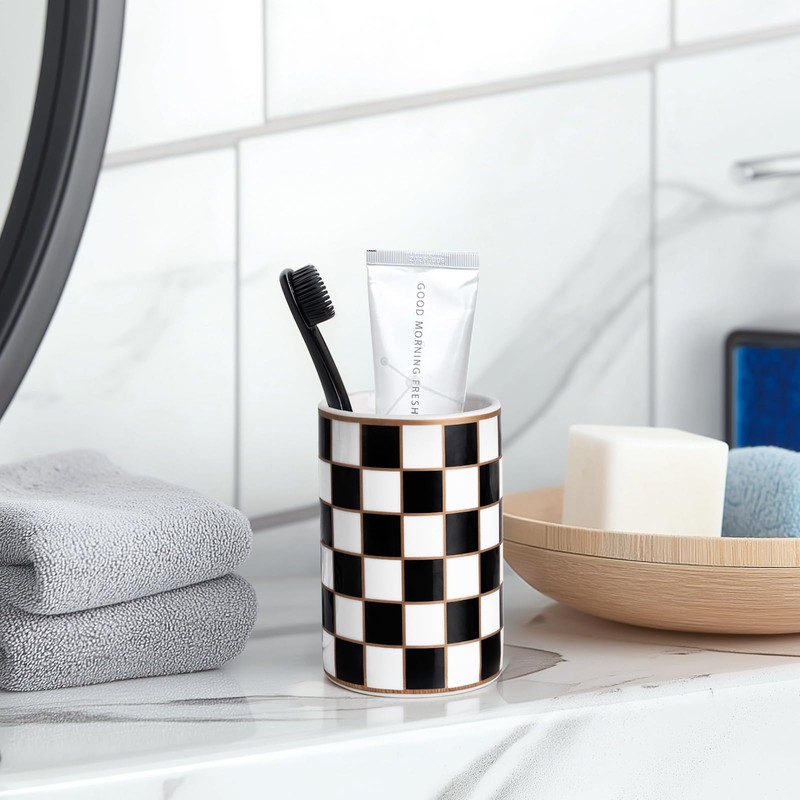Bathroom Toothbrush Holder Set, Ceramic Checkered Soap Dispenser and Tooth
