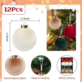 12PCS Velvet Ball Christmas Tree Ornaments - 3.15inch Brugundy Red & Cream & Green & Brown Xmas Tree Flocked Balls Ornaments Assortment for Party Garland Christmas Decorations